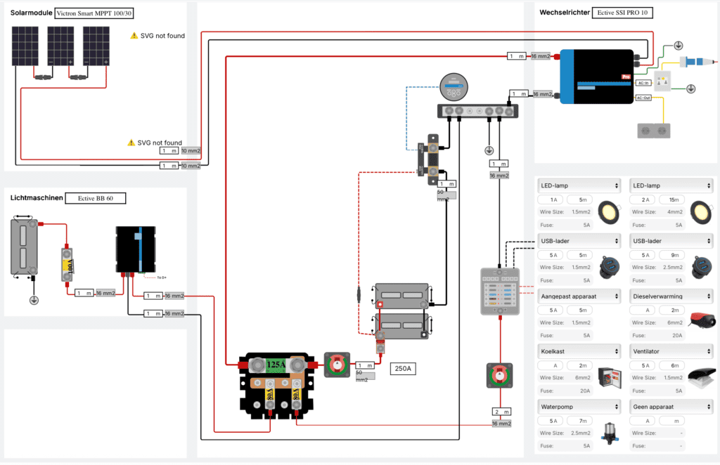 Afbeelding van een elektra schema voorzien van een ective SSI Pro, een Ective bb laadbooster gemaakt met de software van gridless-solutions.com